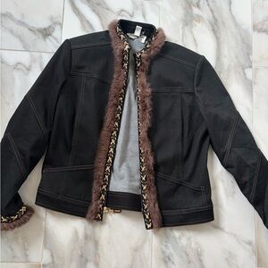 FUR TRIMMED AS NEW SHAPE ST JOHN SPANDEX DENIM JACKET